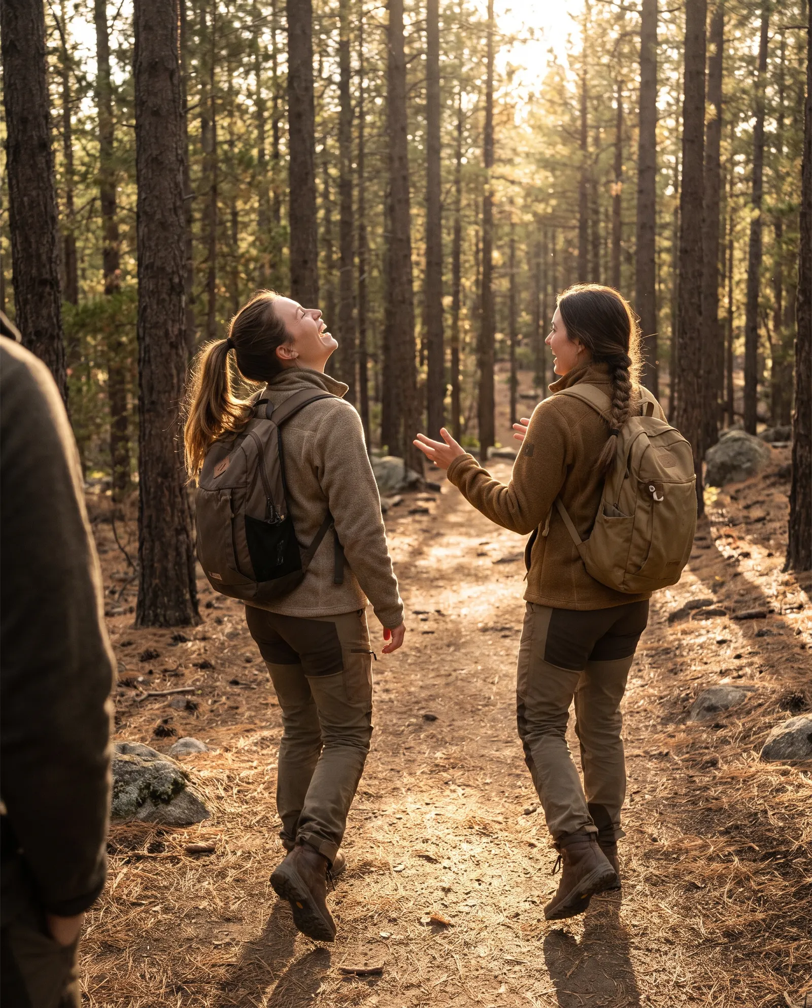 Two women talking and laughing on a forest trail