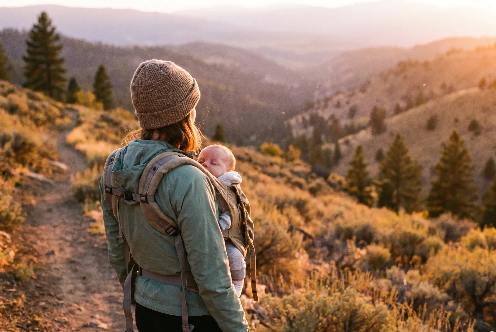 A mother carrying her baby on a mountain trail at golden hour